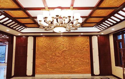 长宁中式别墅客厅中式木作横梁吊顶装饰展示