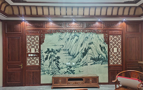 长宁中式仿古别墅客厅背景墙花格木作装饰